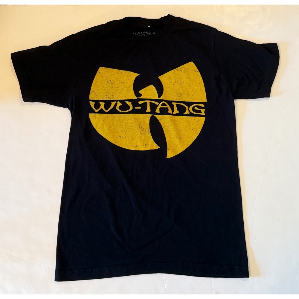 Wu-Tang Clan Graphic T-Shirt Black Distressed Yellow Logo Mens Small Hip Hop